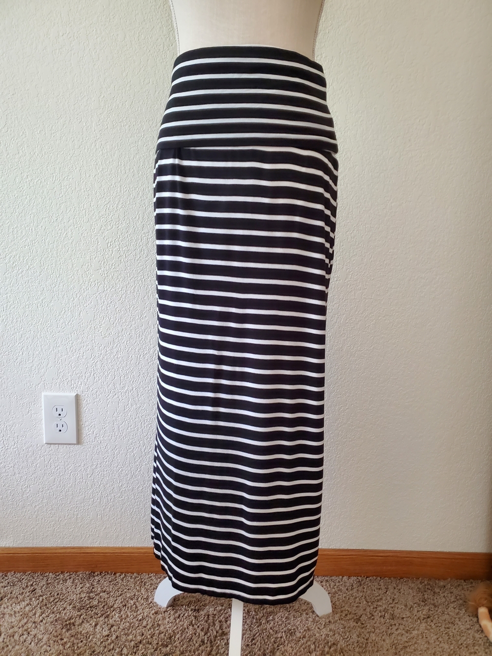 Striped Black & White Maxi Skirt with Fold-Over Waistband